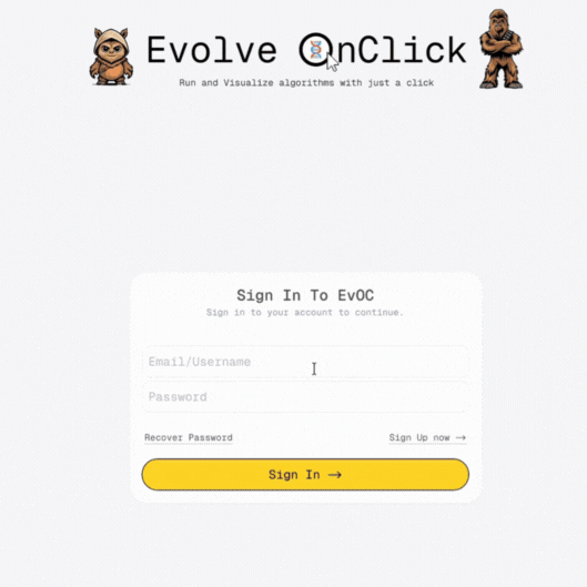 EvOC Login Page with fields for username/email and password