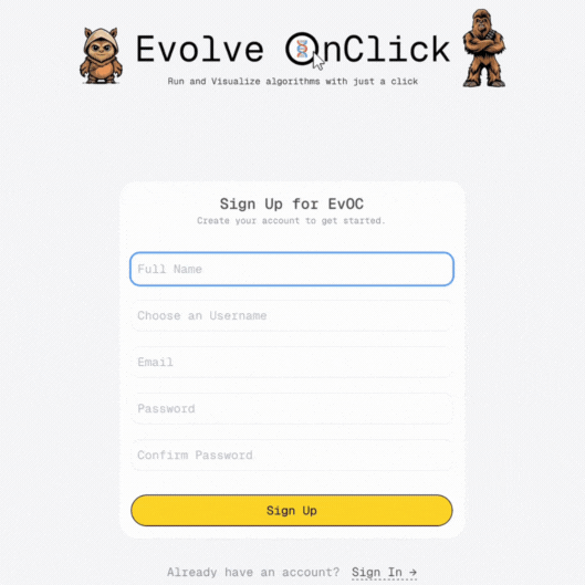 EvOC Sign Up Form showing required fields