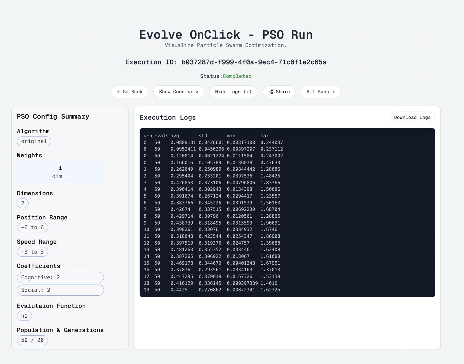 Viewing generation-wise logs for the PSO run and the download button