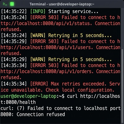 Terminal output showing error messages related to fetching or connecting to microservices