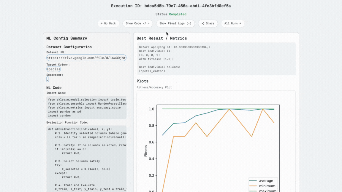 Viewing the Python code generated for the EA-based ML feature selection