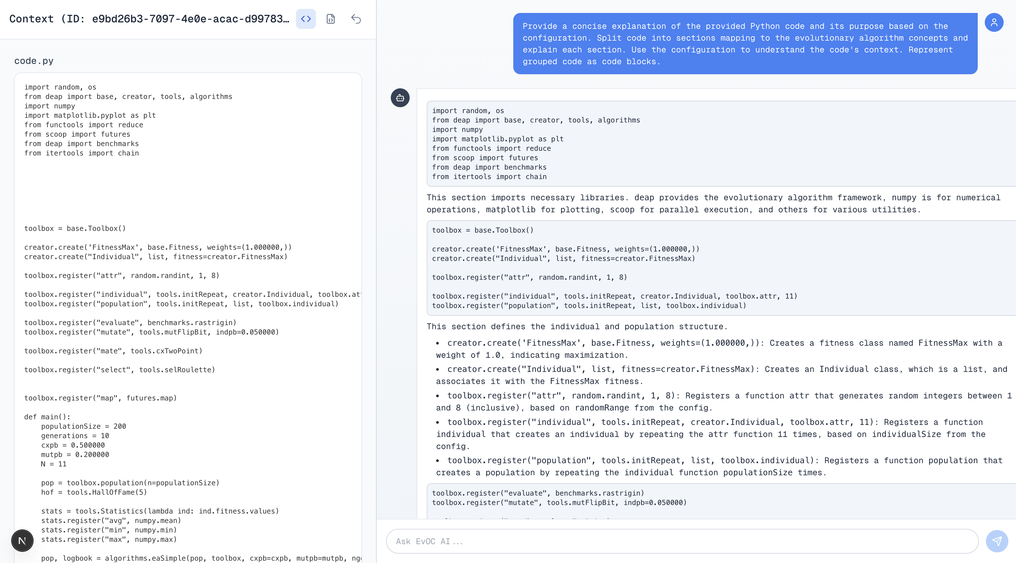 Asking EvOC AI to explain the generated code