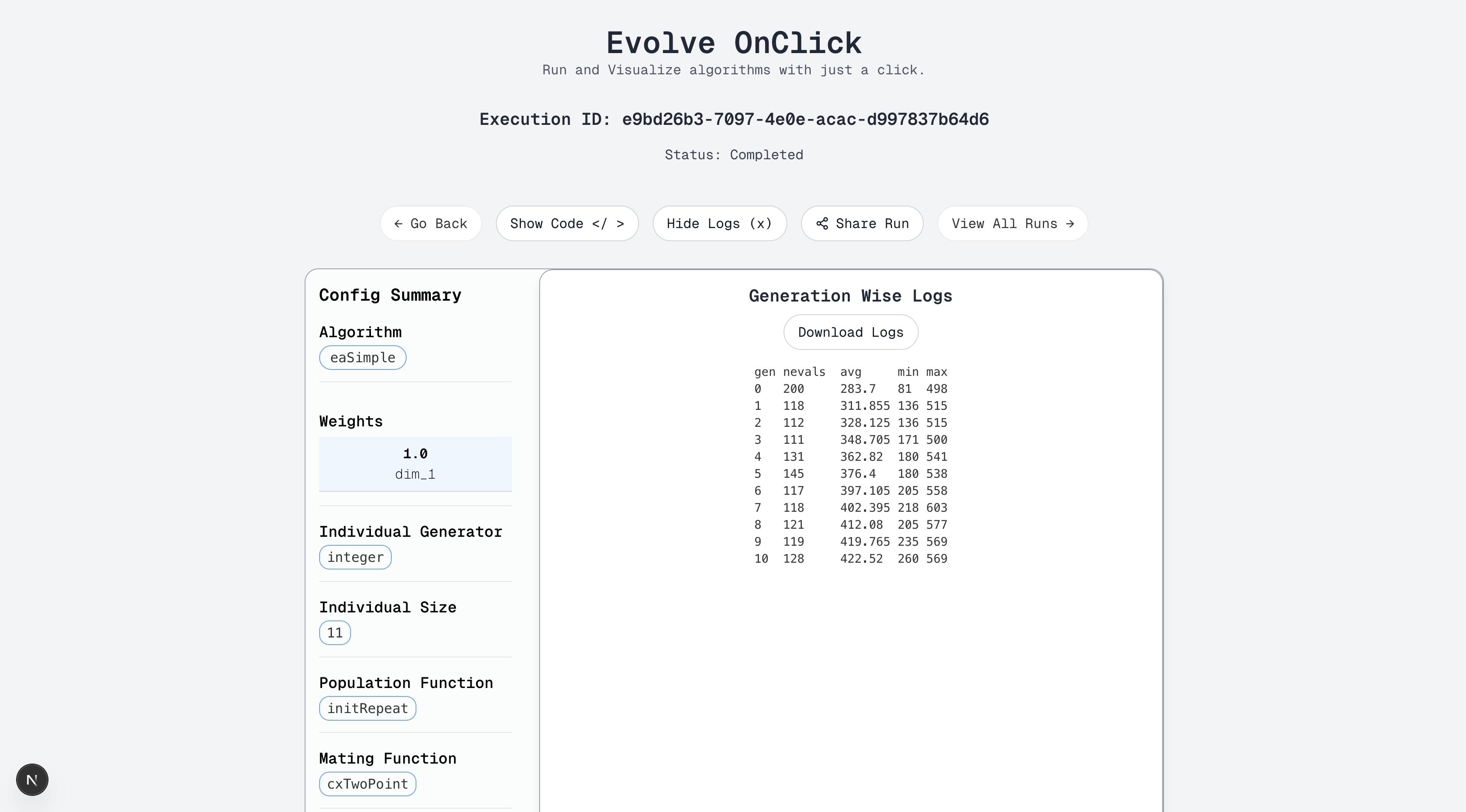 Viewing generation-wise logs and the download button