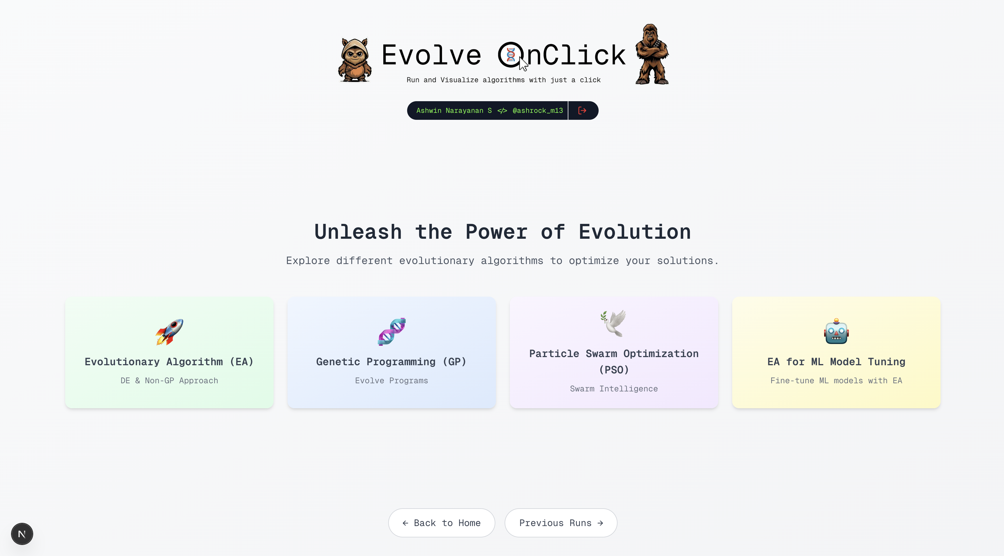 Selecting the Evolutionary Algorithms (EA) option from the dashboard