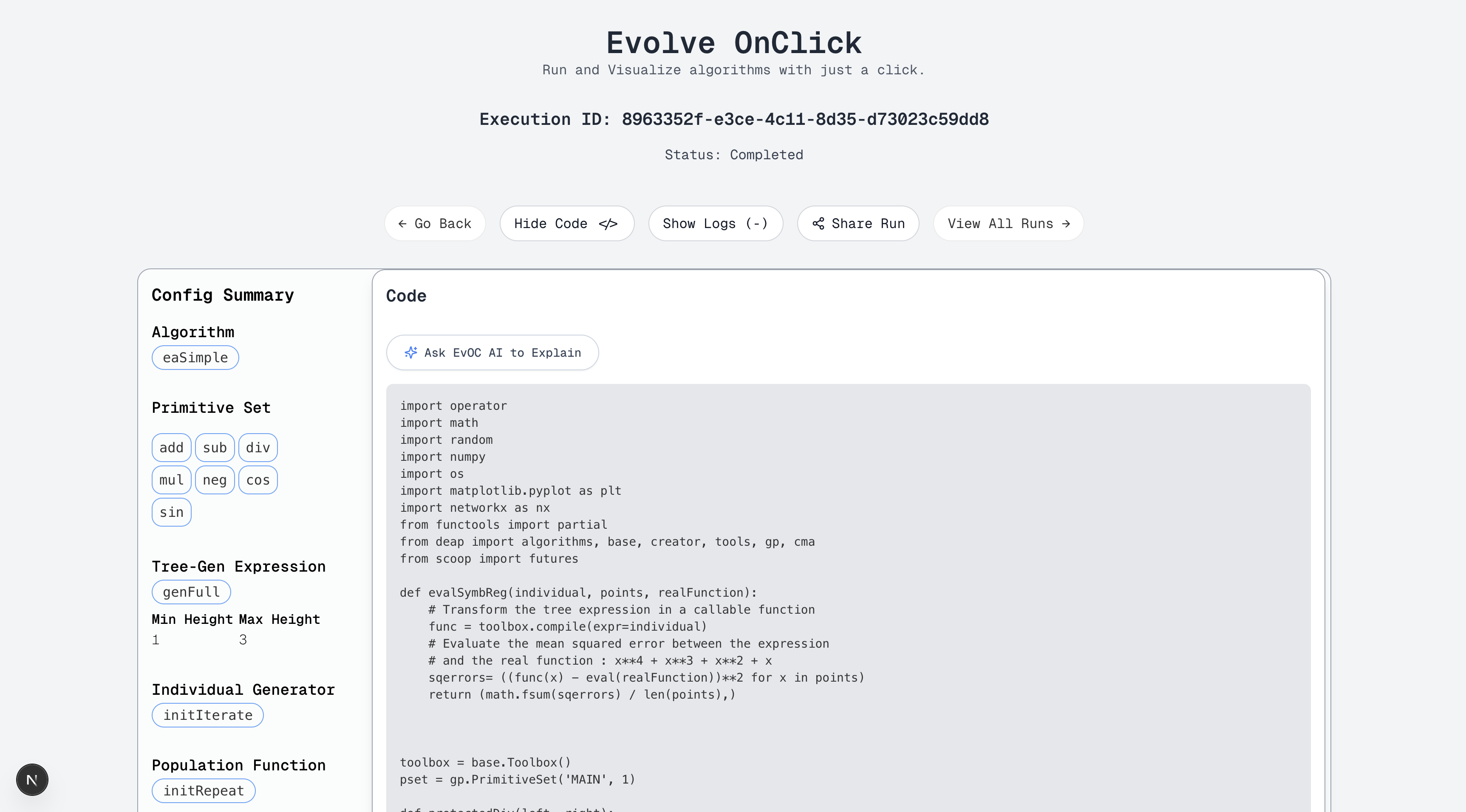 Viewing the DEAP-based Python code generated from the GP configuration