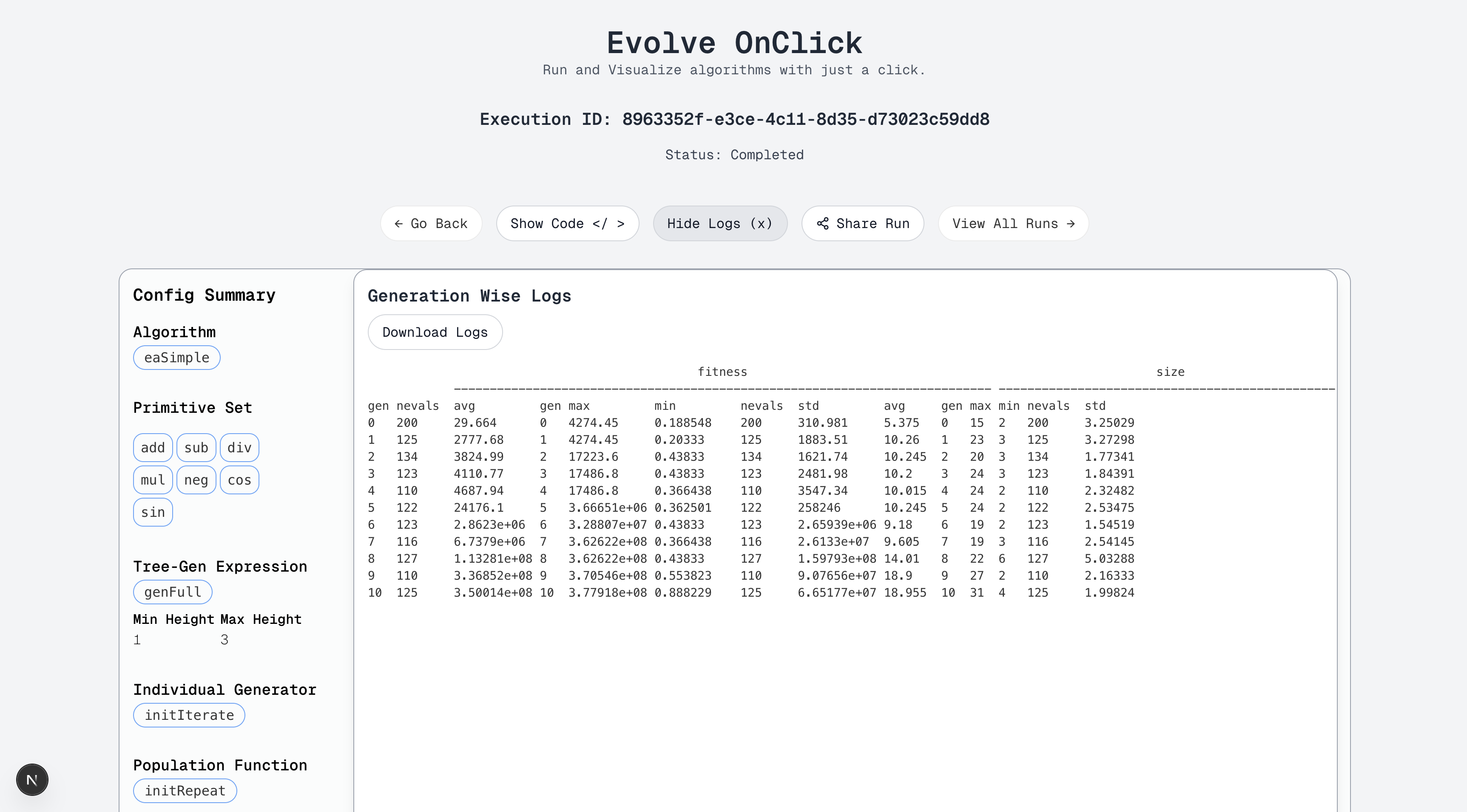 Viewing generation-wise logs and the download button